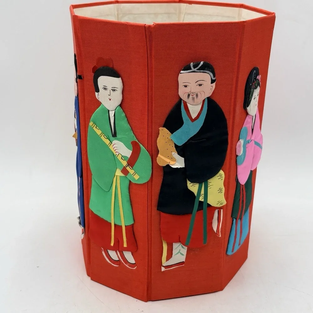 Vintage rare Silk & Paper Asian Chinese Folding Waste‎ Paper Basket